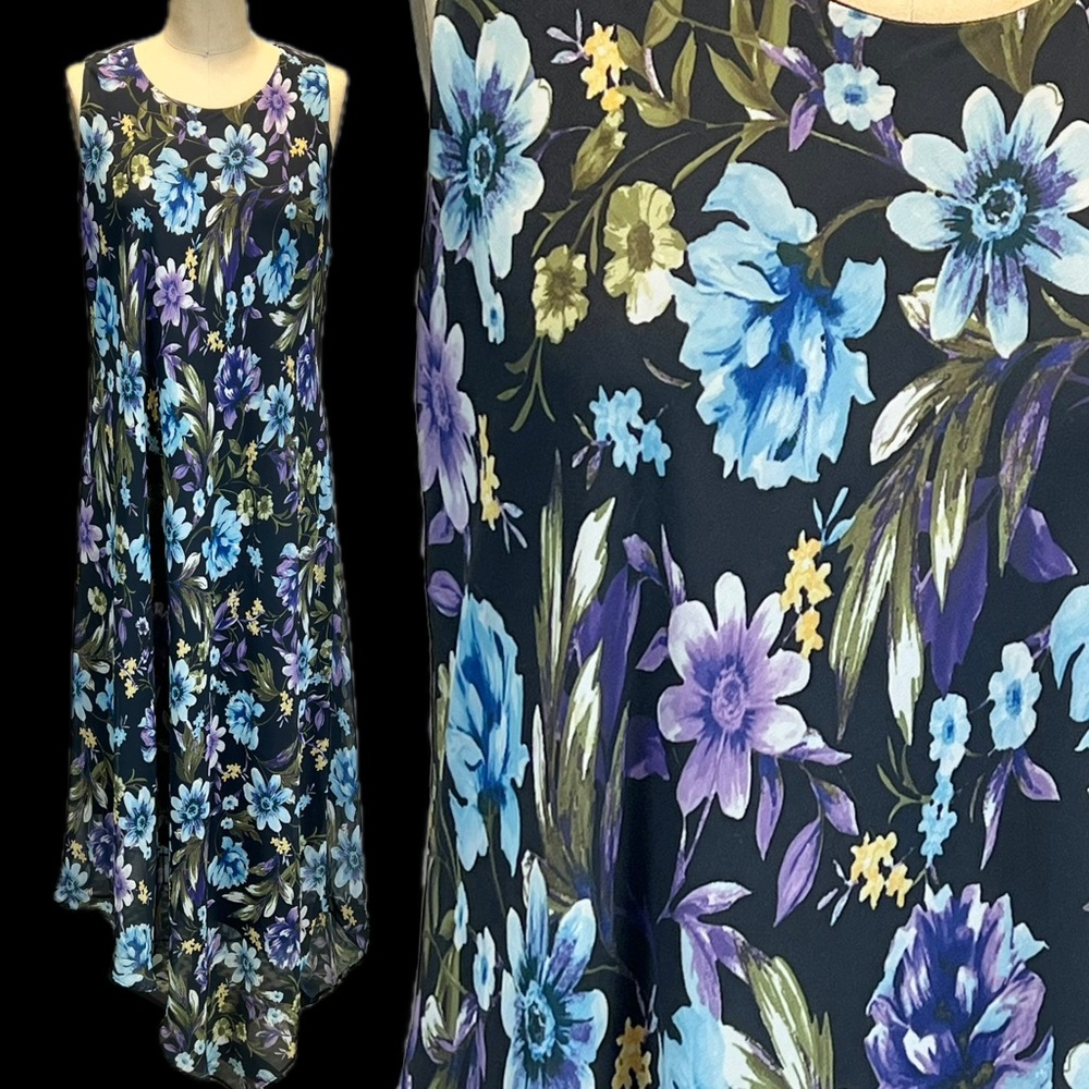 VINTAGE 90s dark moody floral long maxi dress sleeveless asymmetrical sundress